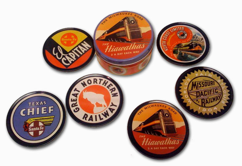 Set of 6 Coasters - Retro Luggage Label Railroads Trains